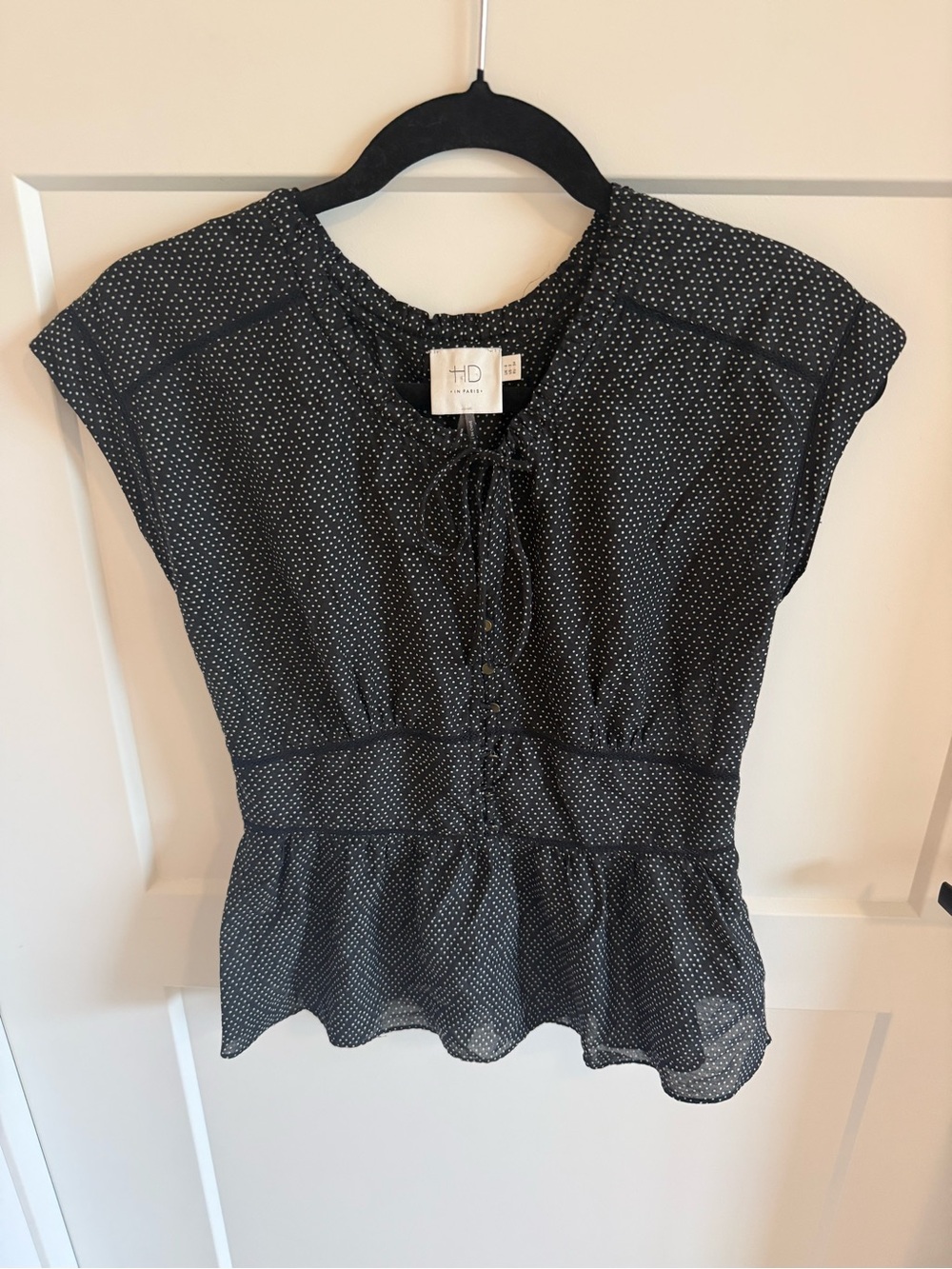 HD in Paris Anthropologie Black Polka Dot Silk Blend Peplum Blouse Size 2